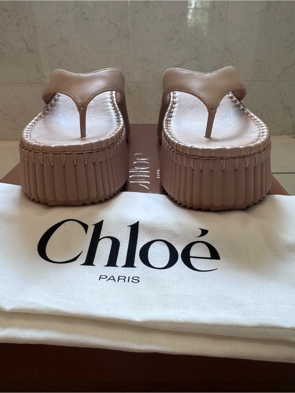 Chloé Nama Wedge Platform Slides Toasted Brown Leather Size 36